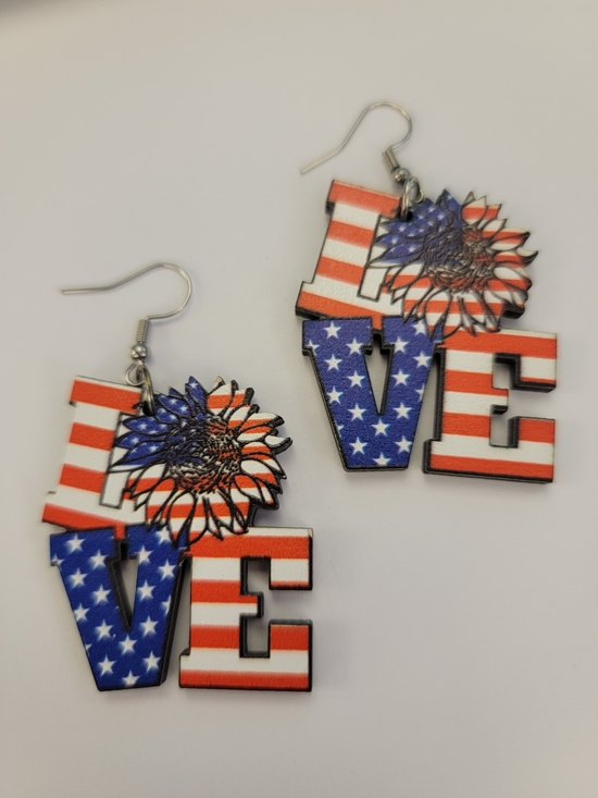 Fashion Jewelry Jewelry - Patriotic LOVE Dangle Earrings with Sunflower Accent